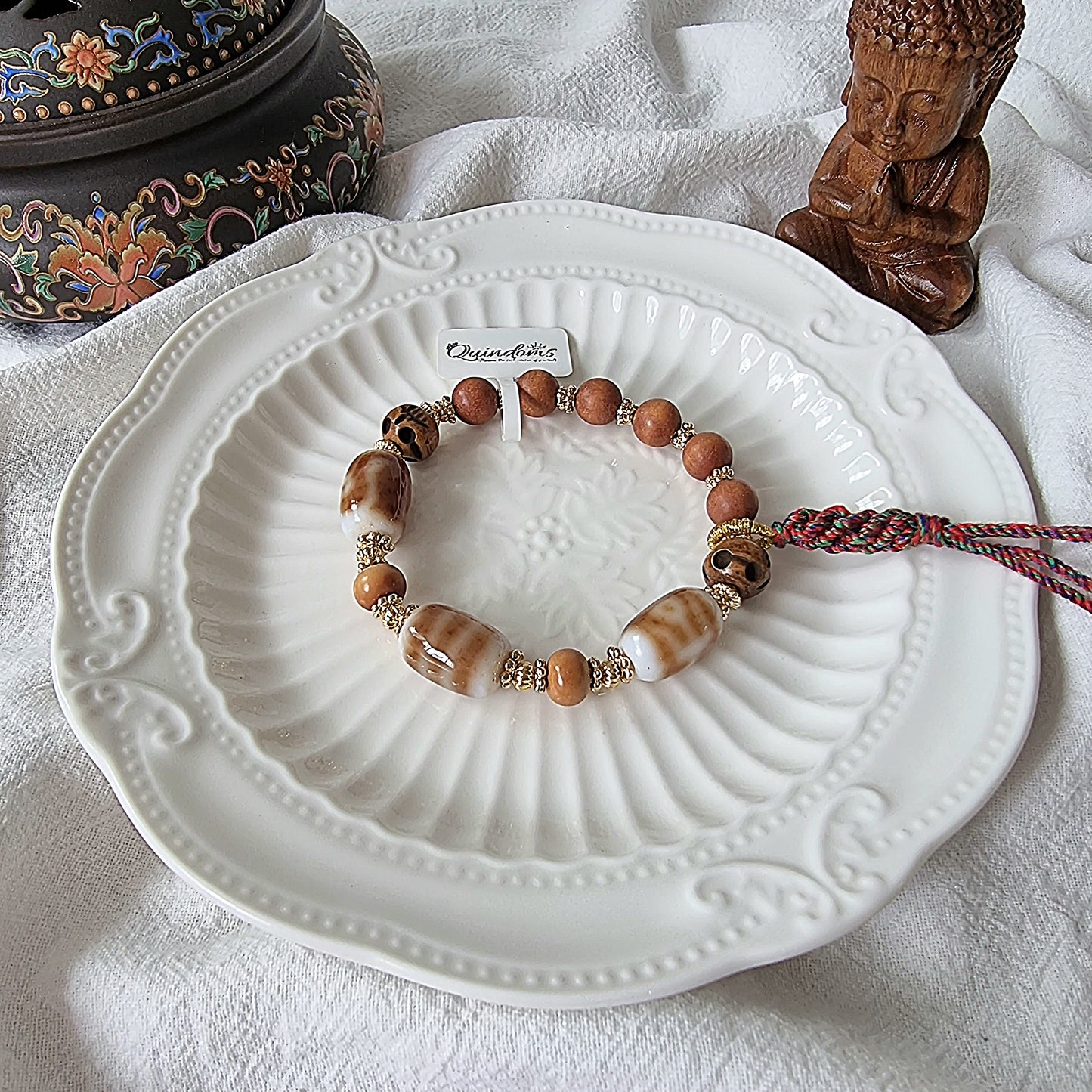 Dzi Design Bracelet - Caramel White Series 白毫 贵人+线珠+绿度母 天珠