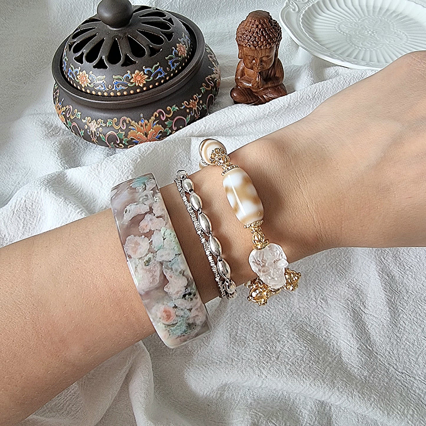 Dzi Design Bracelet - Caramel White Series 白毫 坛城三眼 天珠