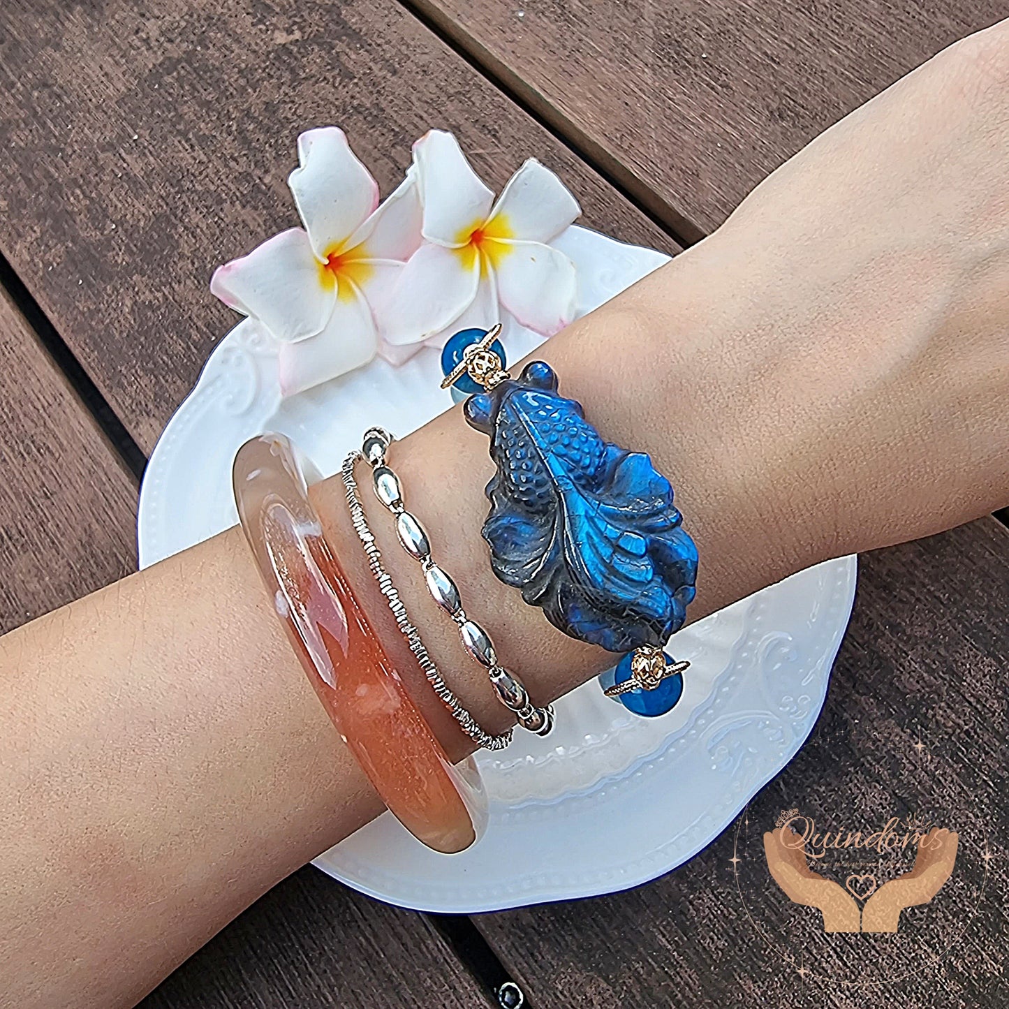 Labradorite Carving - Blue Sheen Goldfish Design Bracelet